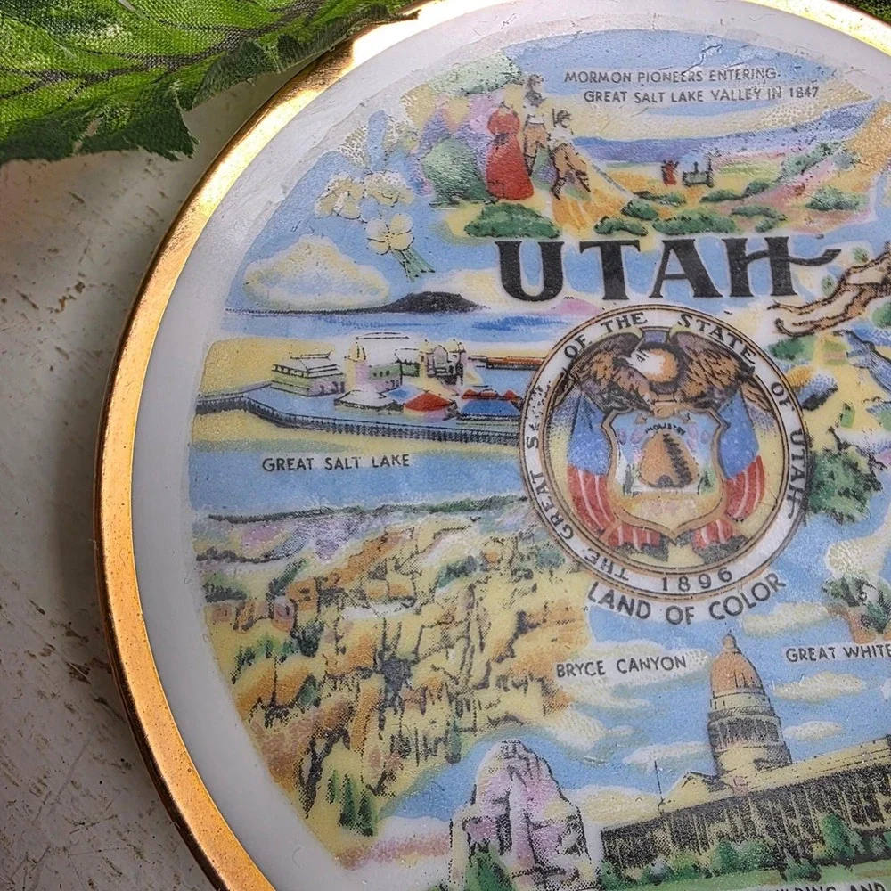 Vintage Utah Mini Souvenir Plate Mormon Pioneers Salt Lake Scenic Gold Rim‎ 4 in